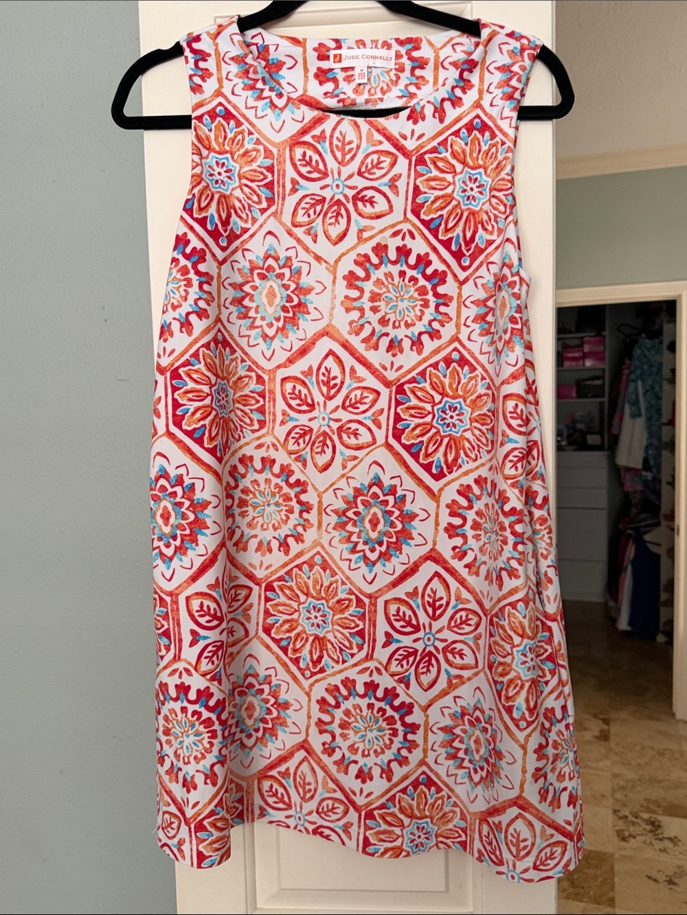 Jude Connally Coral and Blue Tile-Print Mini Dress